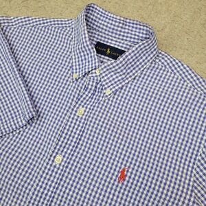 Ralph Lauren Seersucker Shirt Mens L Blue Gingham Check Short Sleeve Button Down
